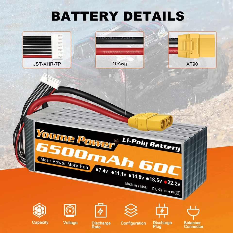 2Stück 22,2V 6500mAh 6S Lipo Akku XT90 für RC Hubschrauber Drohne Car Auto Lkw - Bild 3 von 4