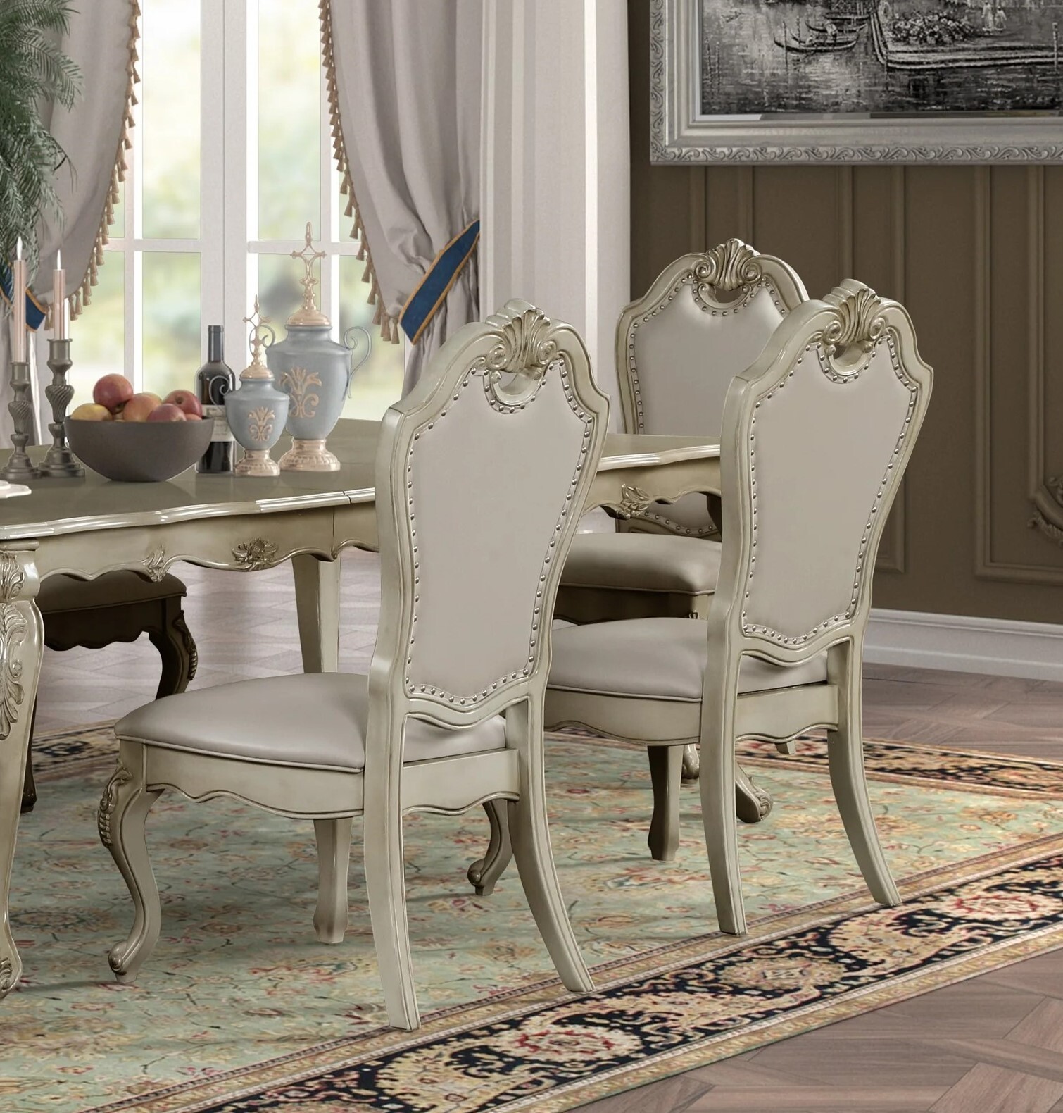 Formal Traditional 7pc Dining Set Extendable Table and Chairs Antique White Wash