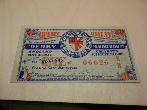 1933 Quebec Unit 33 English Derby Raffle Ticket Vintage Canada Paper Ephemera