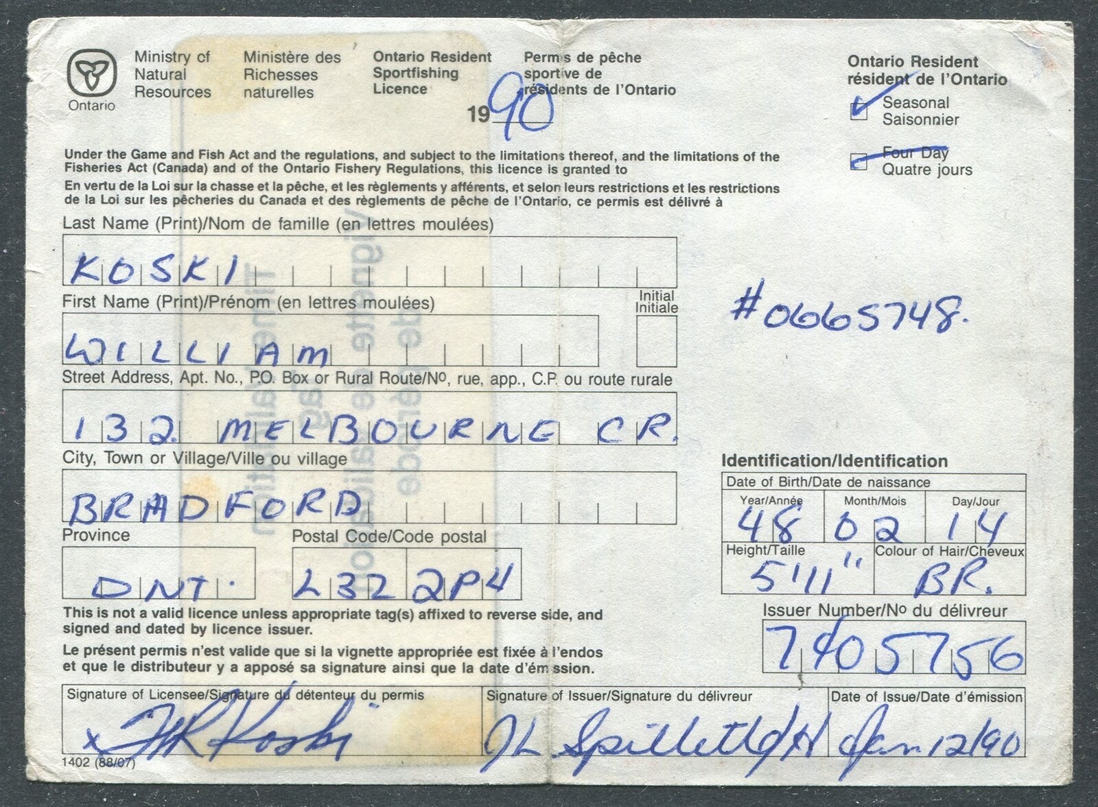 CANADA REVENUE ONTARIO 1990 RESIDENT SPORT FISHING LICENCE & TAG eBay