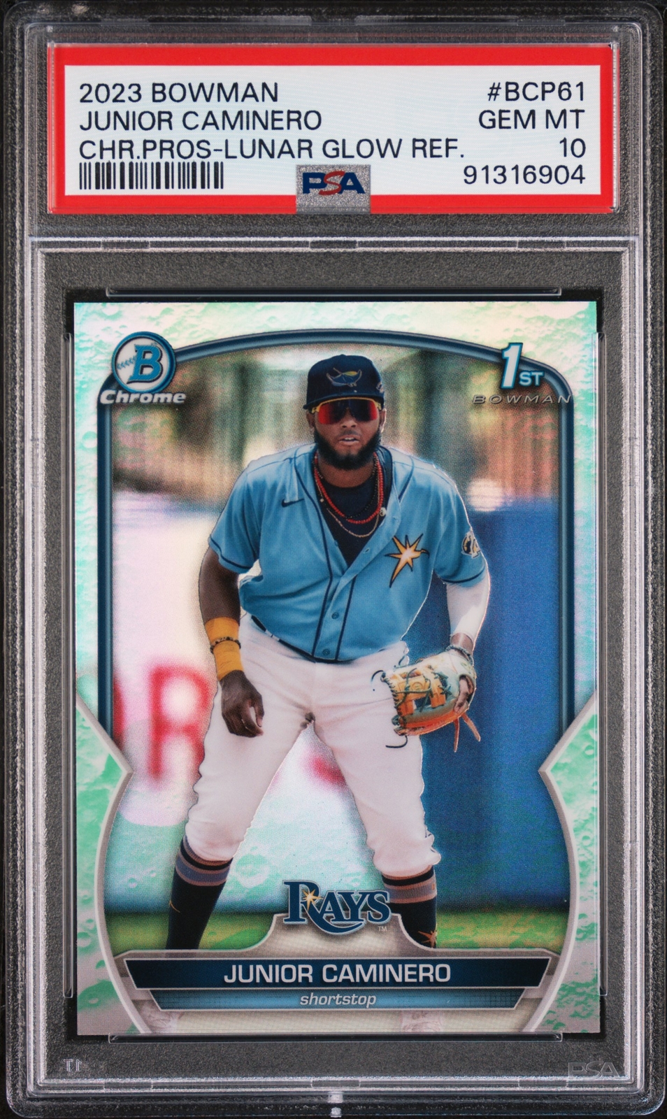 Junior Caminero 2023 Bowman Chrome 1st Lunar Glow Refractor Card #BCP-61 PSA 10