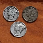 1943 Lot Of 3 Mercury Dimes USA Silver Coins