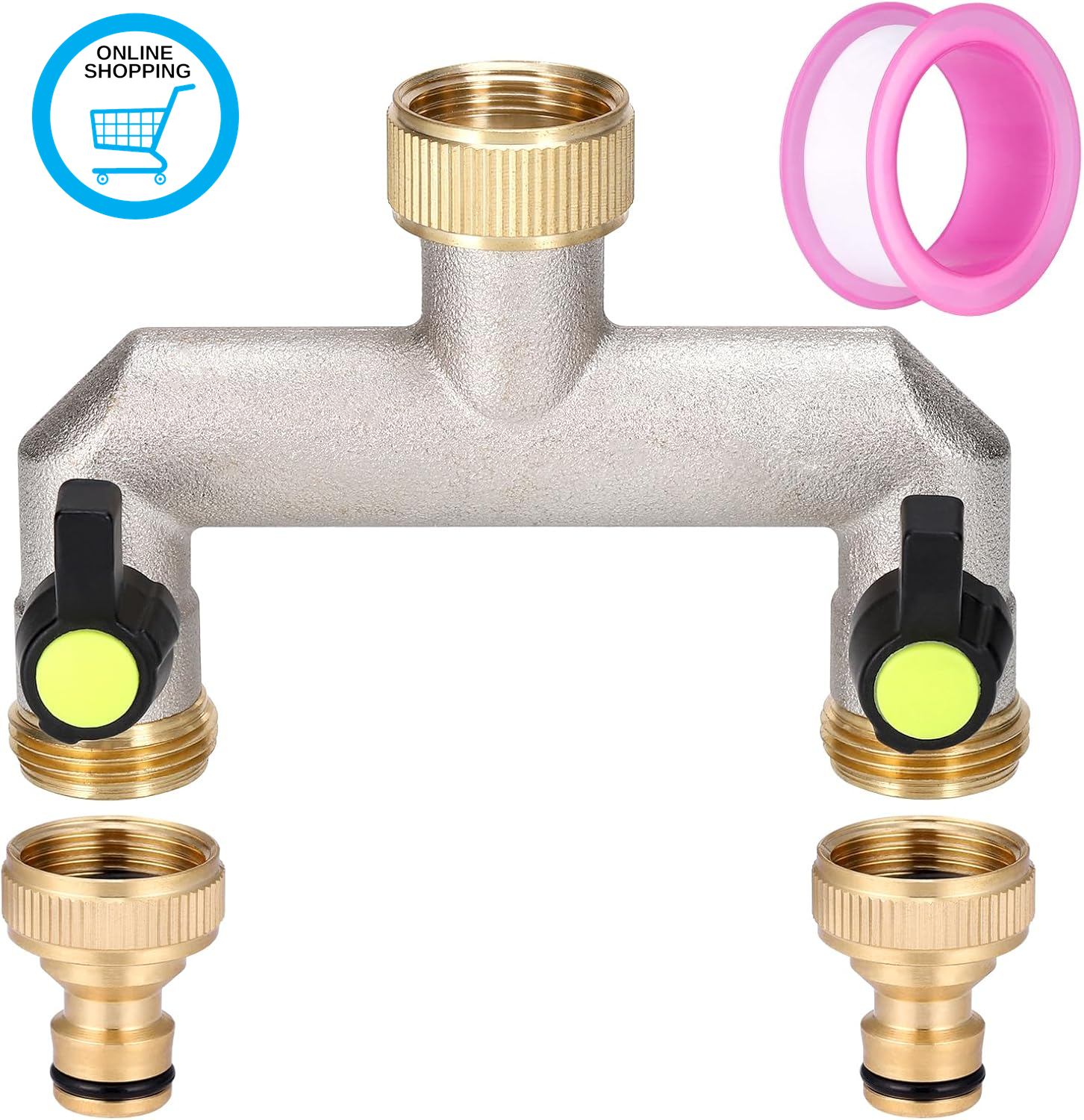 Brass outside Tap Splitter 2 Way, 3/4"" Garden Tap Splitter Connection with 2 Ind