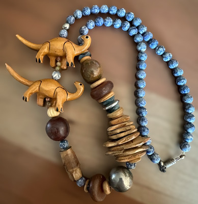 Quirky Carved Dinosaur Necklace Natural Blue Stone Lapis Spot Jasper Sphere Rare