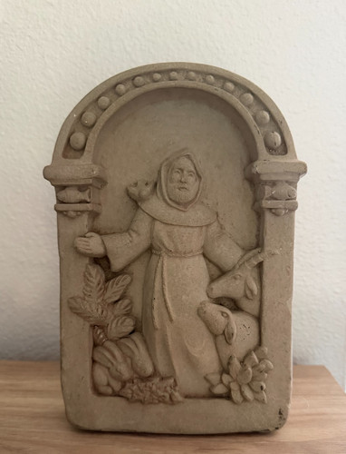 George Carruth 1985 St. Francis Hand Cast Cement Sculpture Plaque Animals Garden