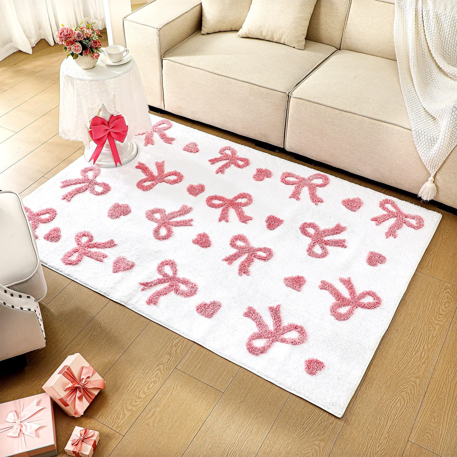3D Large Bow Area Rug 4 x 6 ft Pink Heart Bedroom Rug Non-Slip Coquette Carpe...