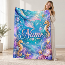 Personalized Mermaid Seahorses Coral Fleece Blanket Ocean Fantasy Decor