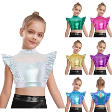 Kid Girls Dance Crop Top Dance Costume Ruffle Sleeve Crop Tank Top Stage Showing
