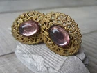 Vintage MIRIAM HASKELL Gold Tone FILIGREE Pink Glass Cabochon Clip EARRINGS