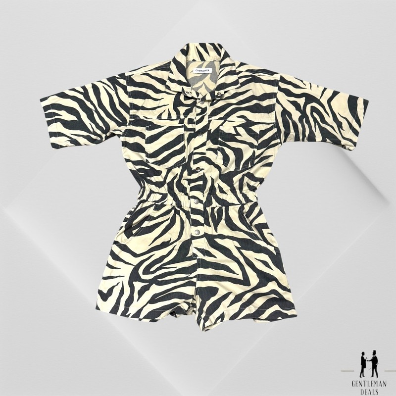Overlover Virginia Printed Cotton Twill Romper Zebra Print Short Sleeve XS