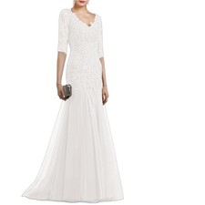 A-Line Elegant Wedding Party Evening Gown V-Neck Half Sleeve Ruffles Appliques
