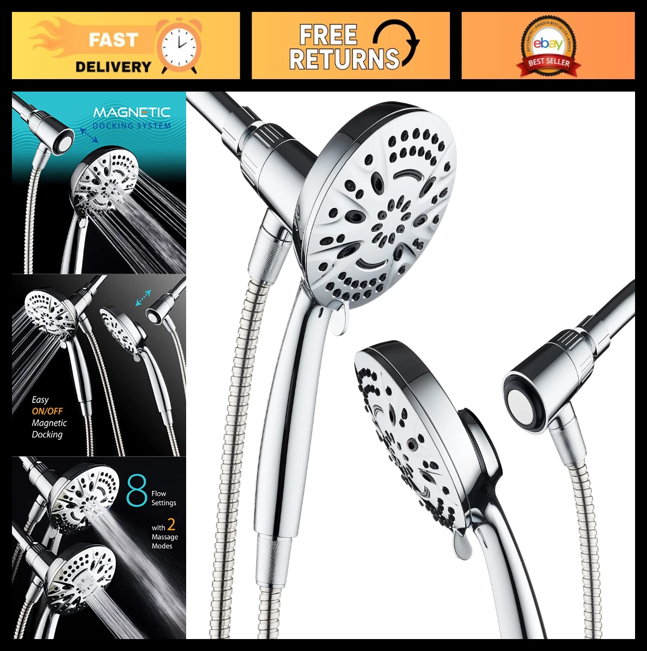 High-Pressure 8-Setting Handheld Shower Head - 5" Face, Magnetic Docking, 72" Ho