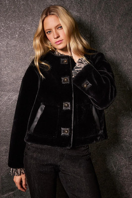 Joseph Ribkoff Black Faux Fur Crew Neck Boxy Jacket 254909