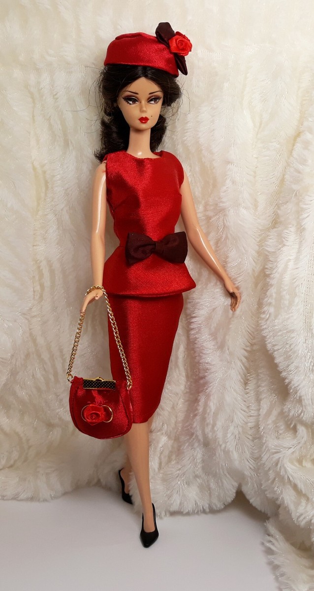 Outfit Dress Bag Hat Fits Barbie Silkstone Doll Repro Handmade Red