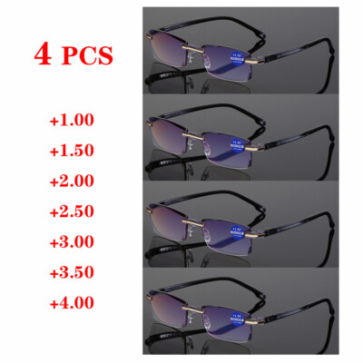 4 pcs randlose Lesebrille Anti-Blu-Ray Brille Plastik Augenoptik +1,00 bis +4,00