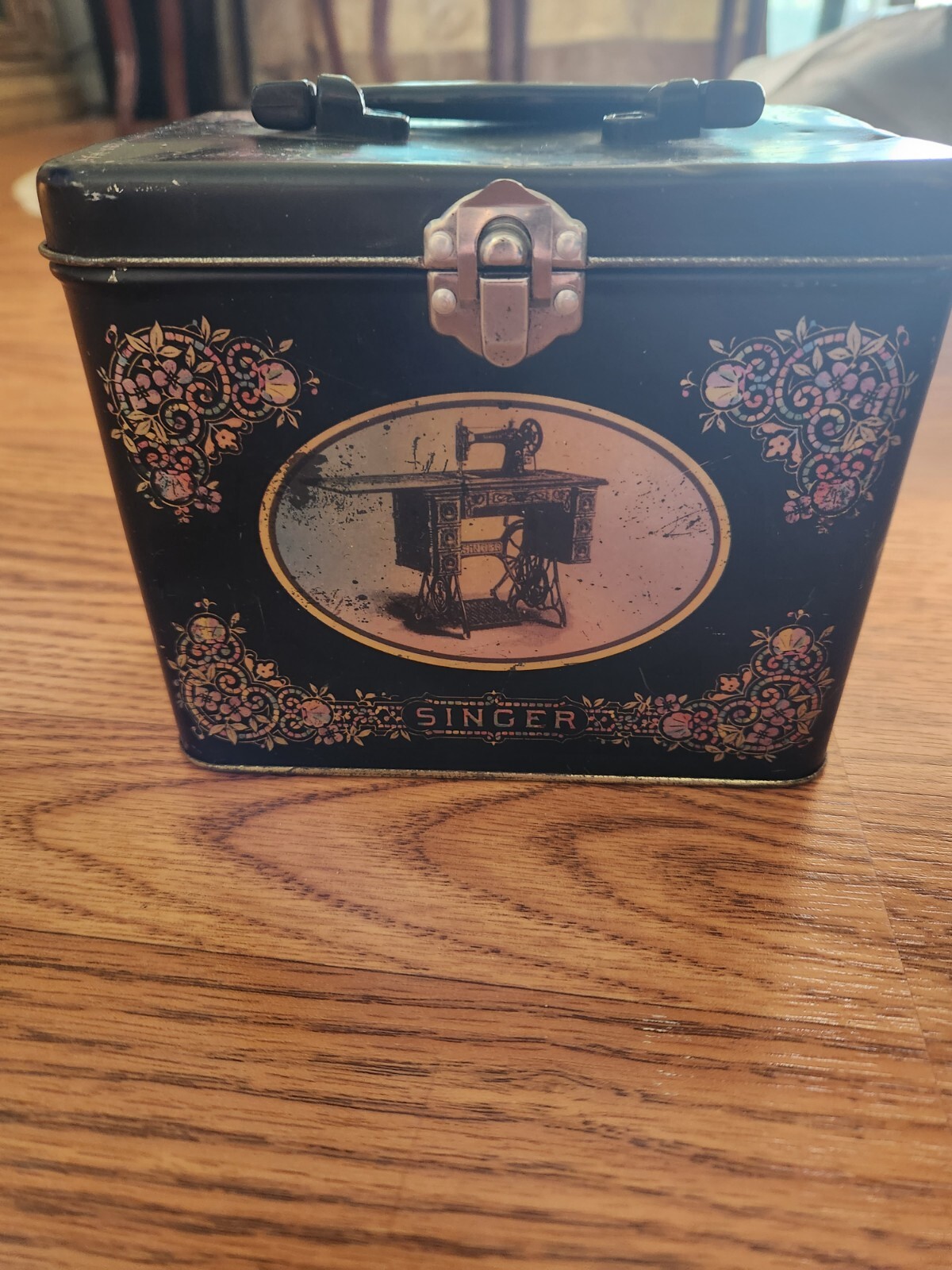 Singer Sewing Box Tin With Handle Black VintageStyle Graphics eBay