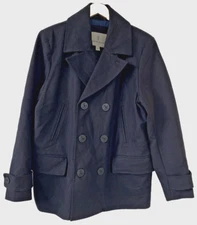 Double Breasted Pea Coat Sz L Navy Blue Wool Jacket Overcoat Mutual Weave