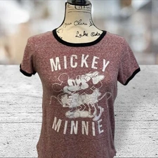 DISNEY Micky/Minnie Mouse Women's Red Ringer Scoop Neck Flared Shirt Medium