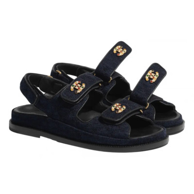 Chanel 21A Blue Velvet Denim CC Logo Mule Slide Strap Flat Teva