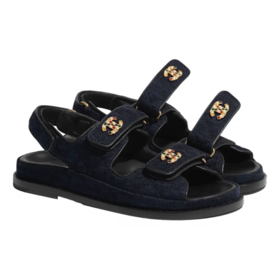 Chanel 21A Blue Velvet Denim CC Logo Mule Slide Strap Flat Teva