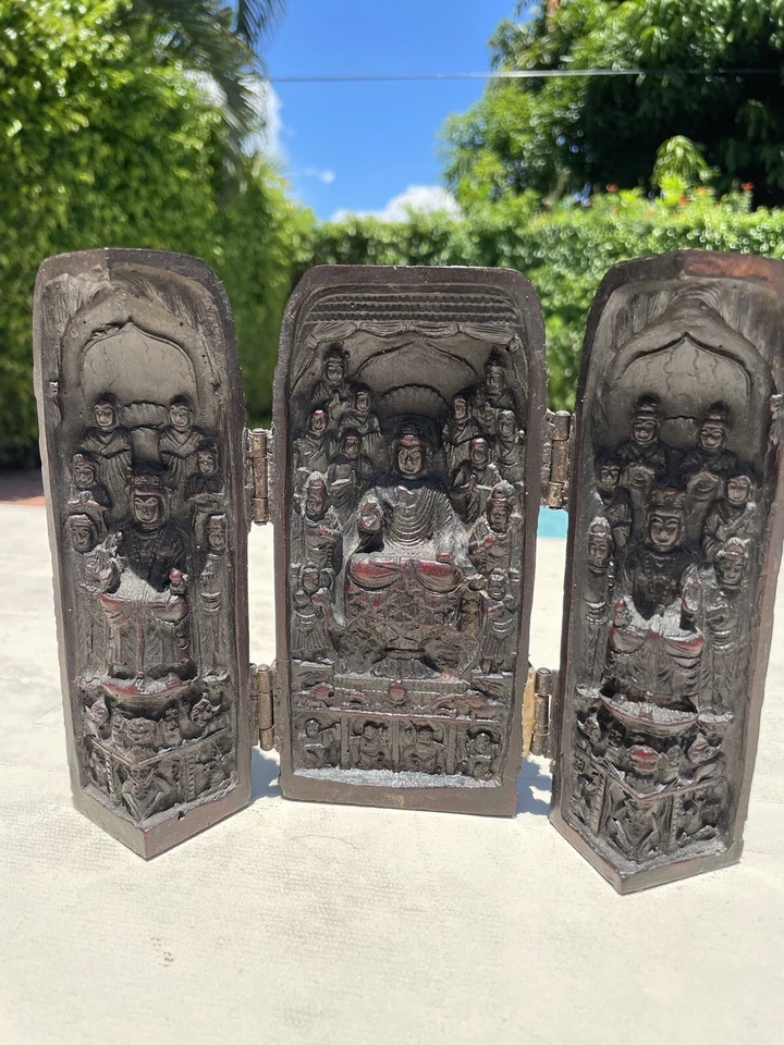 Tríptico plegable portátil chino resina Buda vintage 12 luces santuario budista Foto 2 de 4