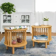 Bedside End Table Set of 2 with Bamboo Round Nightstand with Storage Living Room