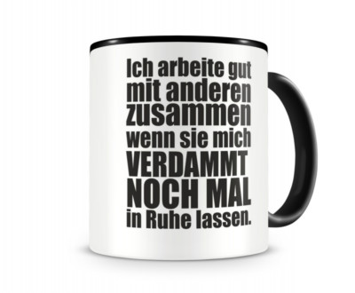 Samunshi Ich arbeite gut mit anderen... Spruch Tasse  2 Farben H:95mm / D:82mm