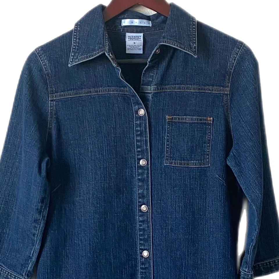 VINTAGE Shirt Dress Denim Snap Front Buttons Pockets 3/4 Sleeve Sz S - Image 3 of 4