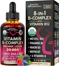 USDA Organic Vitamin B Complex Liquid Drops with B12 B1 B6 Biotin Folic