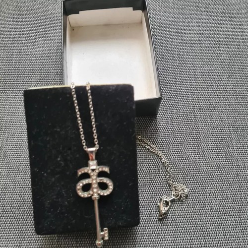 ARBONNE Skeleton Key to Success Necklace Silver Tone With Crystals 18” Chain - Picture 2 of 4
