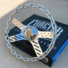 13" Chrome Chain Steering Wheel USA Flag with Engraved Horn Button-6 Hole