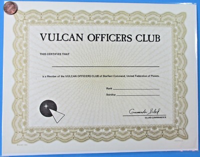 Vulcan Officers Club - 80s vintage Star Trek certificate