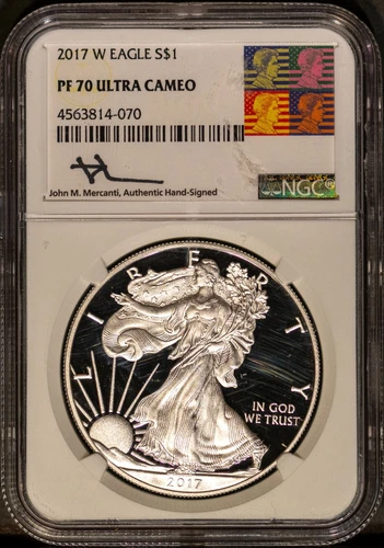 2017-W $1 Silver American Eagle PF70UCAM John Mercanti NGC # 4563814-070 + Bonus