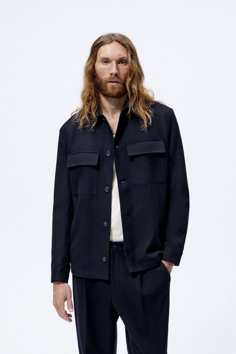 New Zara Padded Wool Down Overshirt Shirt Jacket S 8288/314 Navy