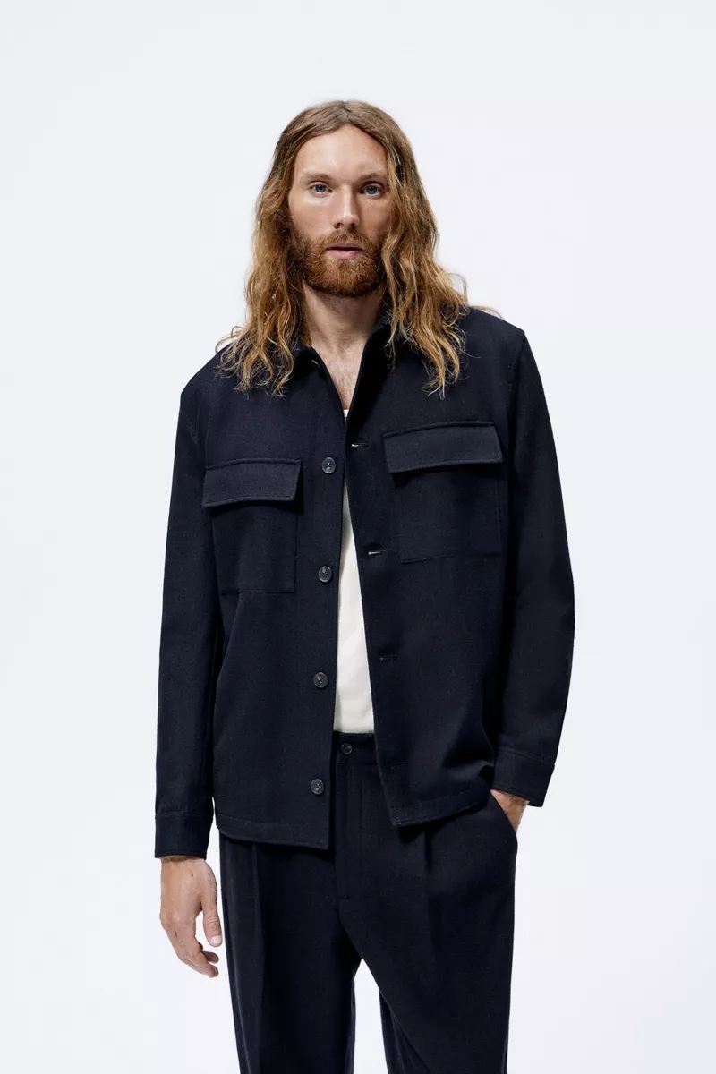 New Zara Padded Wool Down Overshirt Shirt Jacket S 8288/314 Navy coat shacket