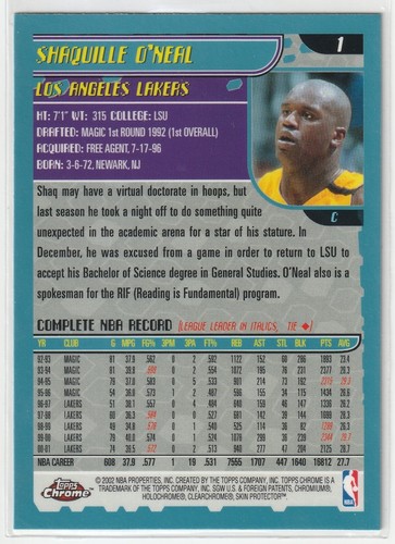 2001-02 Topps Chrome Shaquille O’Neal Finals MVP Basketball Trading Card #1 - Picture 2 of 2