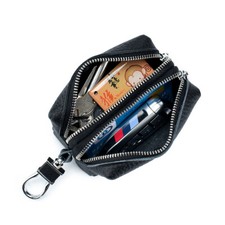 Leather Wallet Coin Purse Change Pouch Keychain with 2 Zipper Pockets for Women