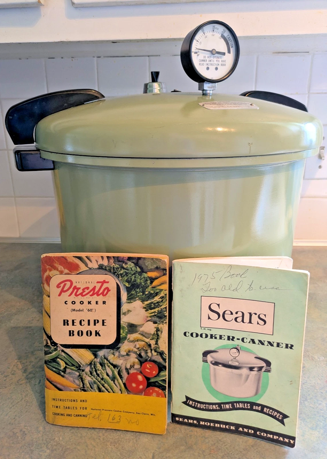 Sears Pressure Cooker Canner Avocado Green Regulator Rocker Tray 2 Books 22 Qt.