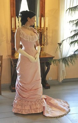 Victorian Corset Prom Dresses Pink Lace Floral Satin Straps Evening Party Dress