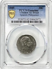 1885 SPANISH PHILIPPINES 20 CENTIMOS -SILVER COIN AU PCGS Det KM 149 Best seller