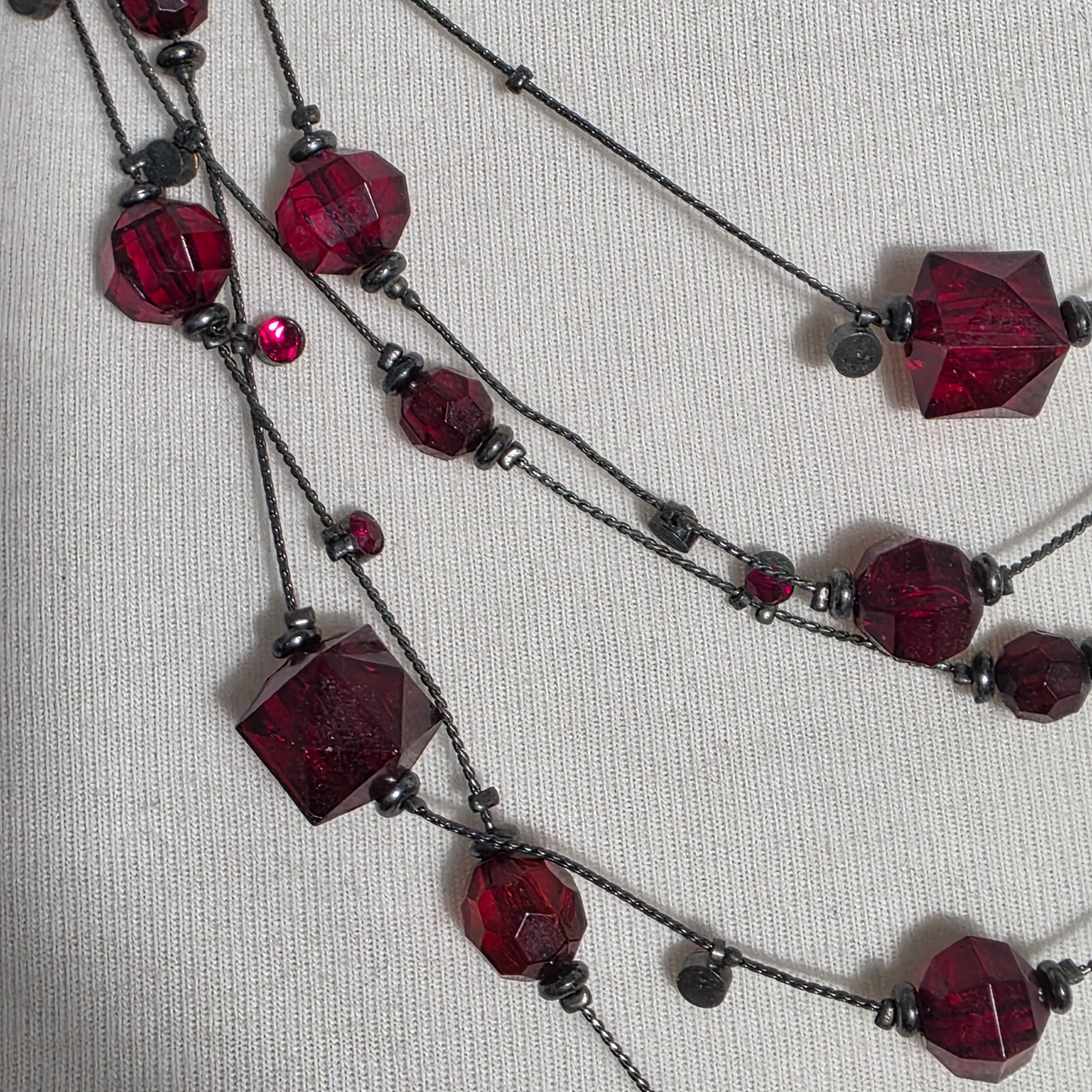 Multi-Strand Tiered Necklace Ruby Red Faceted Bea… - image 5