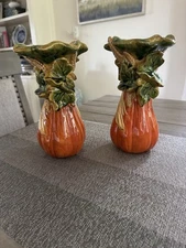 Vtg Fall Harvest Pumpkin Wheat Ornate Ceramic 3D Relief Candlestick Holders 8.5”