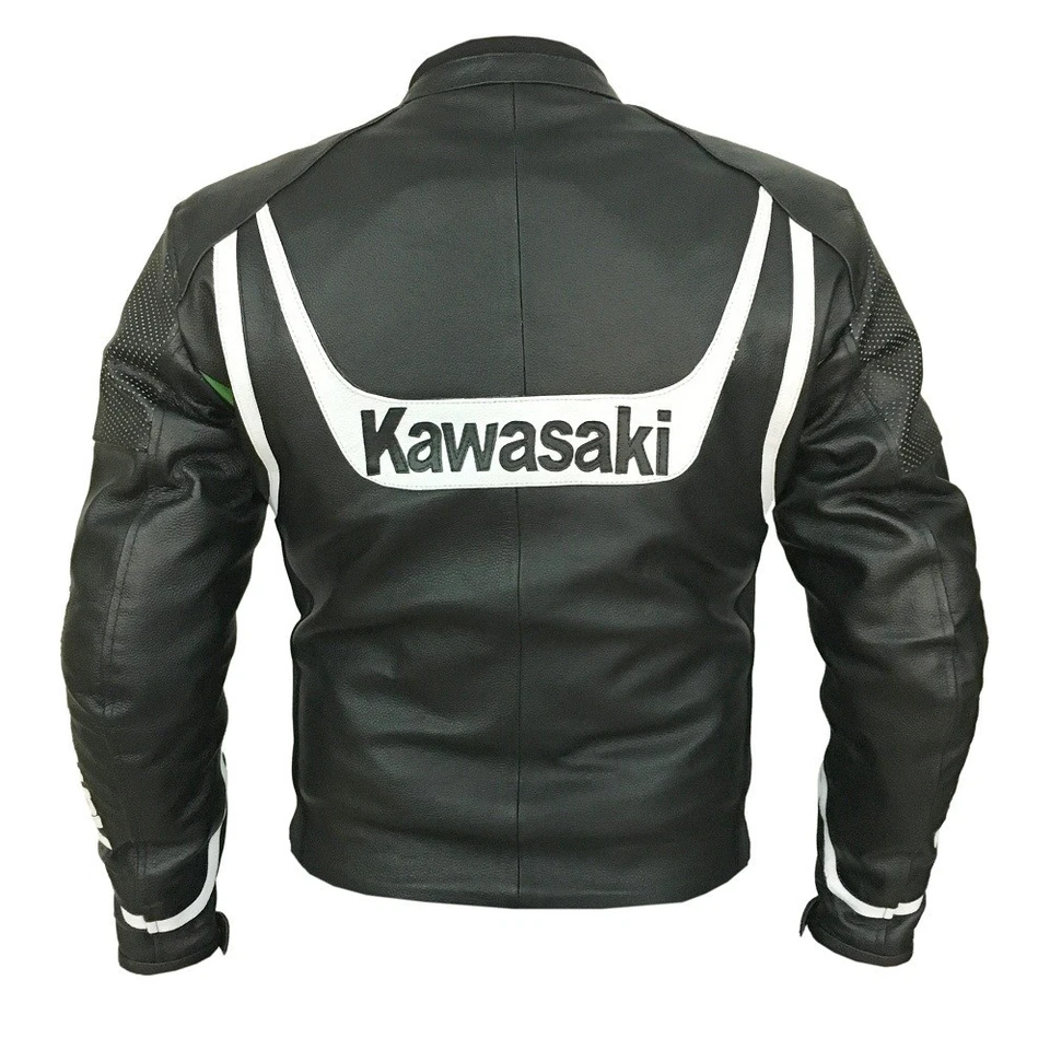 KAWASAKI BLACK MOTORBIKE MOTORCYCLE COWHIDE LEATHER ARMOURED JACKET - Image 4 of 4