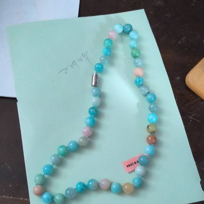 Amazonite Blue Beaded Necklace, Hand Tied, Magnetic Clasp Of 925 Silver