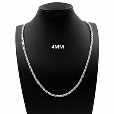 SOLID 925 Sterling Silver 4mm 24" Diamond Cut Rope Chain Necklace Mens Womens