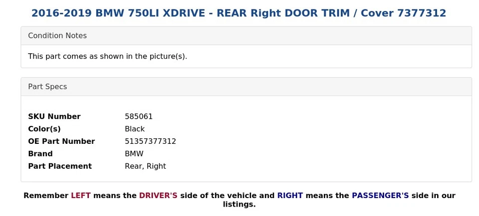 2016-2019 BMW 750LI XDRIVE - REAR Right DOOR TRIM / Cover 7377312 - Изображение 4 из 4