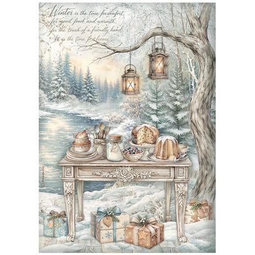 Stamperia A4 Rice Paper - White Christmas Festive Table by the Lake DFSA41145