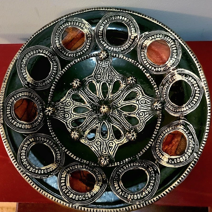 Amazigh Handcrafted Moroccan Metal Overlay Leather Medallion Ceramic Bowl - Image 2 of 4