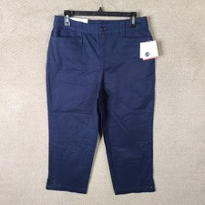 Croft  Barrow Pants Womens 10 Blue Classic Fit Capris Button Hem Stretch NEW