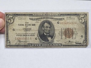 1929 $5 Federal Reserve Bank Note BROWN Seal CHICAGO National Bank New Holder